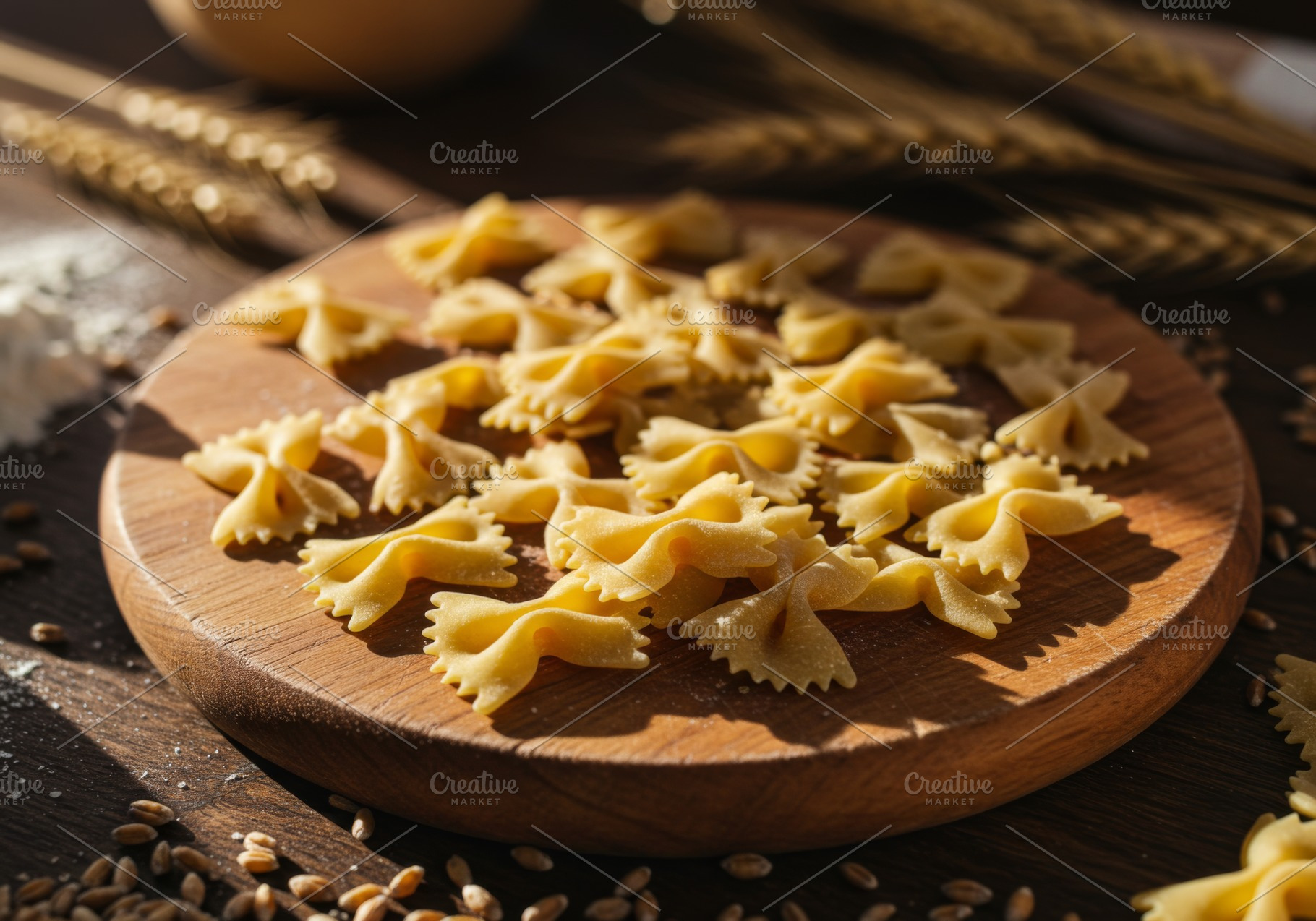 Raw farfalle pasta arranged on woode, a Food & Drink Photo by professorinc