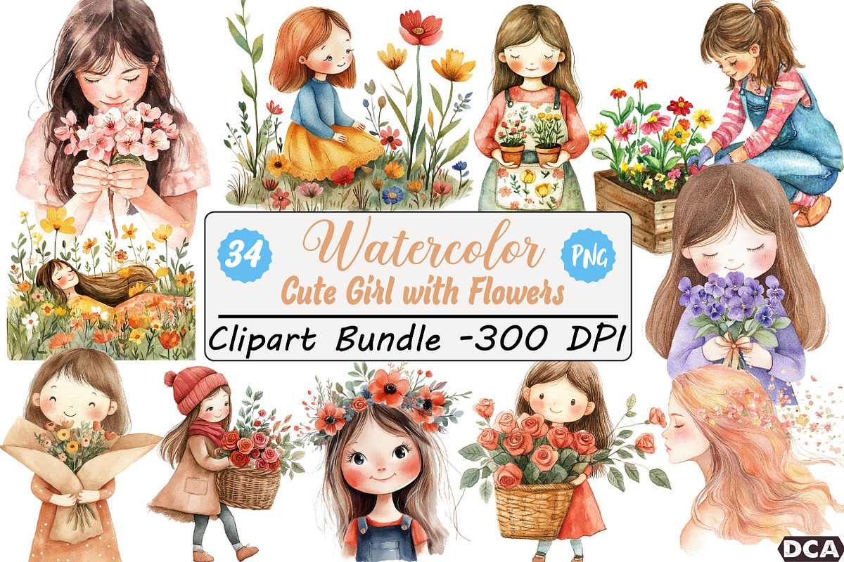 Cute Girl with Flowers Clipart, an Illustration by DreamCafeArt (Photo 1 of 8)