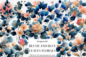 Watercolor Blush and Blue Leaves Flo, an Illustration by Designworld