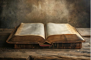 Open antique book resting on rustic, a School & Education Photo by Ylivdesign