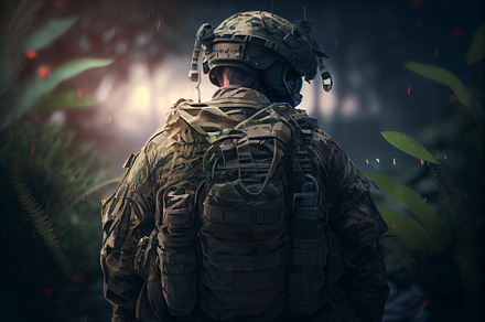 Fully equipped soldier in camouflage uniform rear