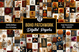 Boho Patchwork Floral Digital Papers, a Pattern Graphic by Creative Store
