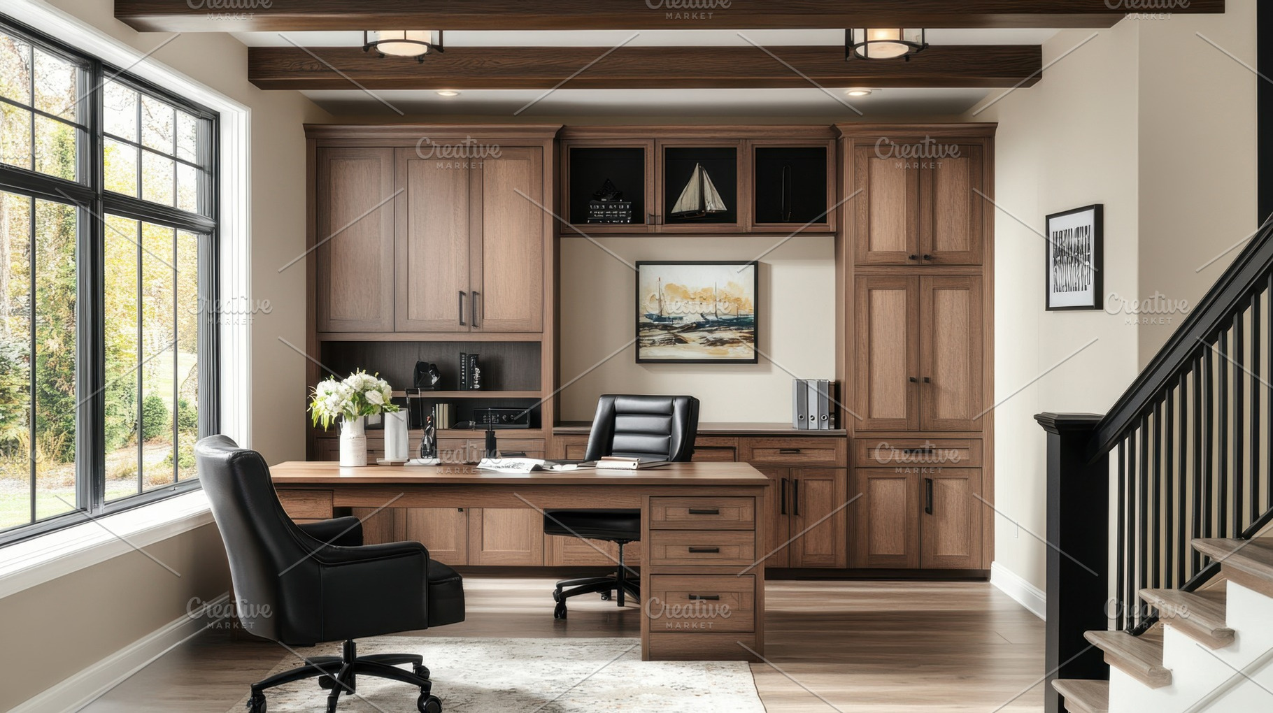 Modern home office in a cozy setting, a Photo by Beautiful things