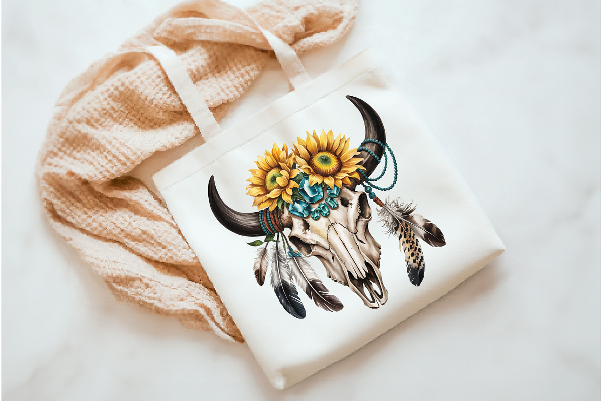 Sunflower Boho Bull Skull PNG, an Illustration by Watercolor design (Photo 3 of 3)