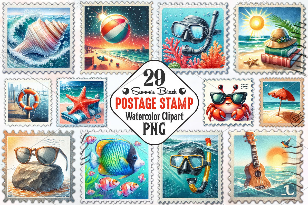 Summer Beach Postage Stamp Clipart, an Illustration by RobertsArt (Photo 1 of 5)