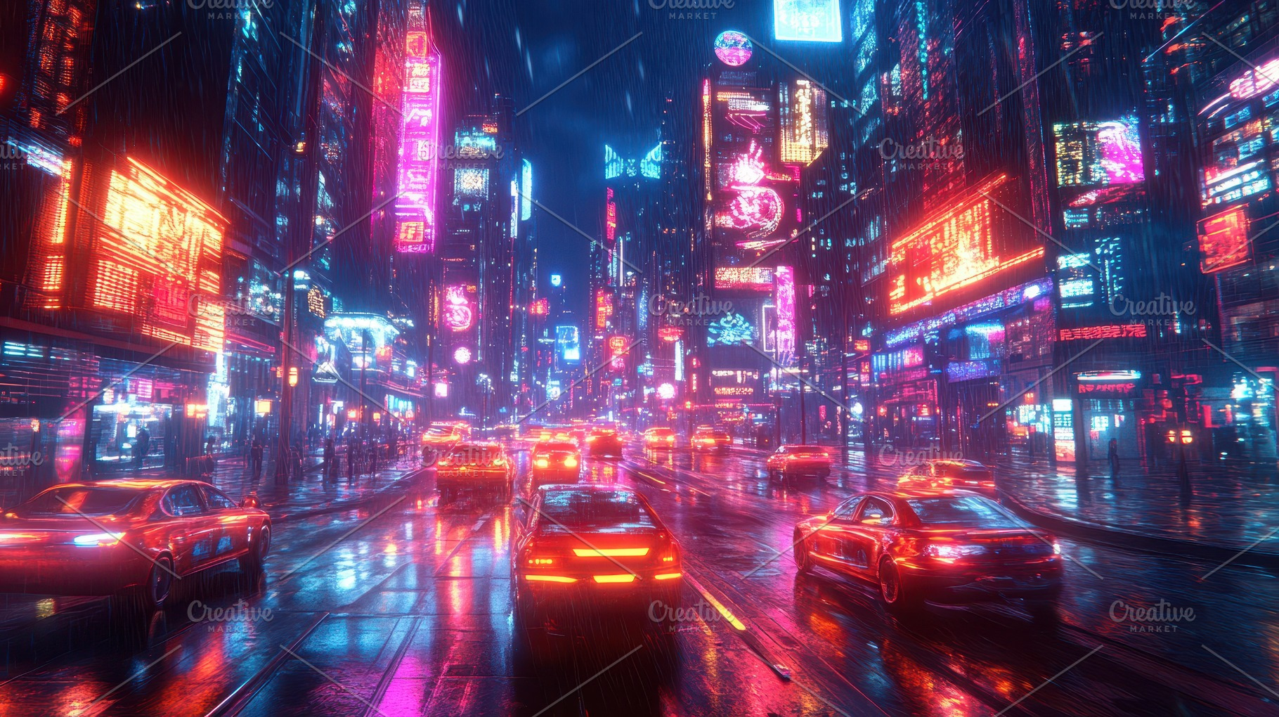 Cyberpunk City Rain Neon Lights Nigh, a Food & Drink Photo by Pixeness Studio