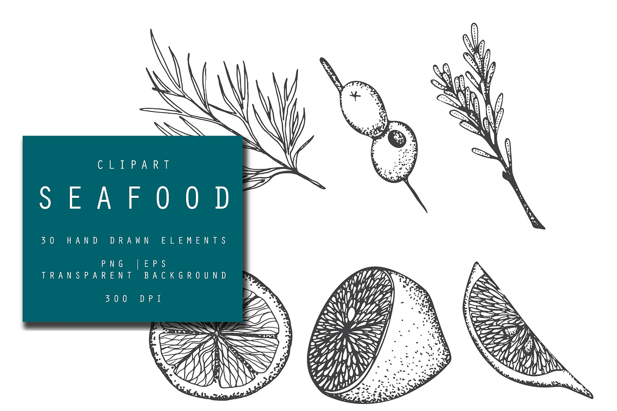 Seafood hand drawn clip art., an Object Graphic by Hand drawn Boutique (Photo 7 of 7)