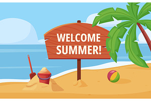 Welcome summer beach poster. Wooden, an Illustration by LadadikArt