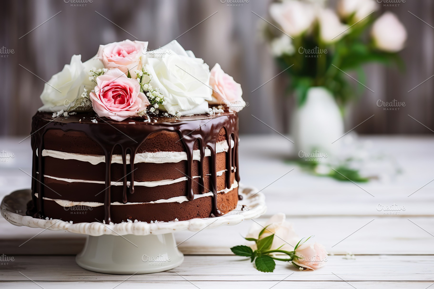 Chocolate cake with flowers on cake stand on white wooden table, a Food & Drink Photo by AlyaAnd
