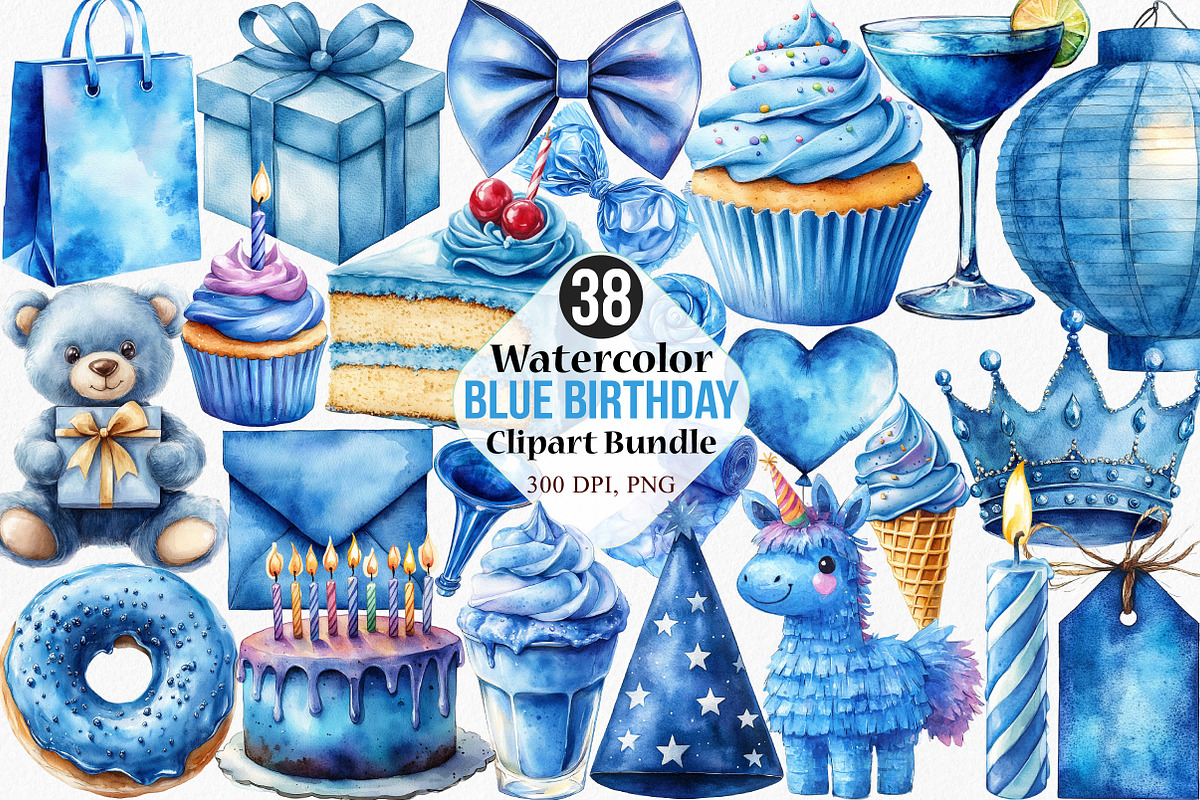 Watercolor Blue Birthday Clipart, an Illustration by Canvas Craft (Photo 1 of 8)