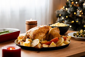 Whole roasted chicken with potatoes and vegetables.