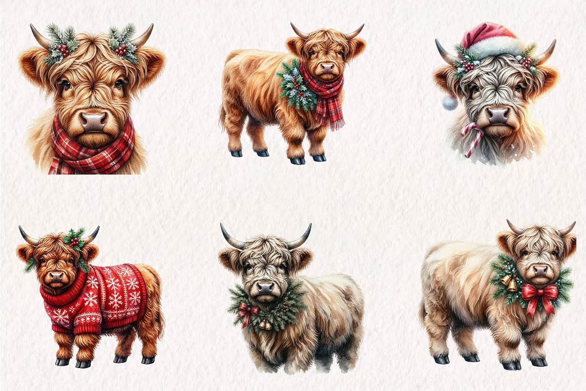 Christmas Highland Cow PNG Bundle, a Seasonal Illustration by CreationArt (Photo 3 of 7)