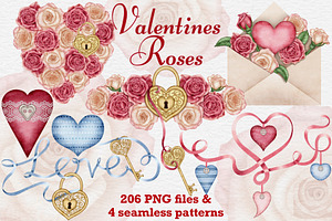 Valentines Roses watercolor clipart., a Seasonal Illustration by Happy Sloth Graphics
