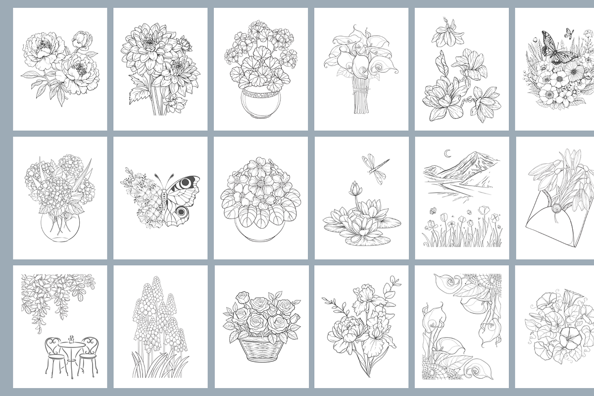 100 Flowers Coloring Book, a Decorative Illustration by MarisoArt (Photo 5 of 9)