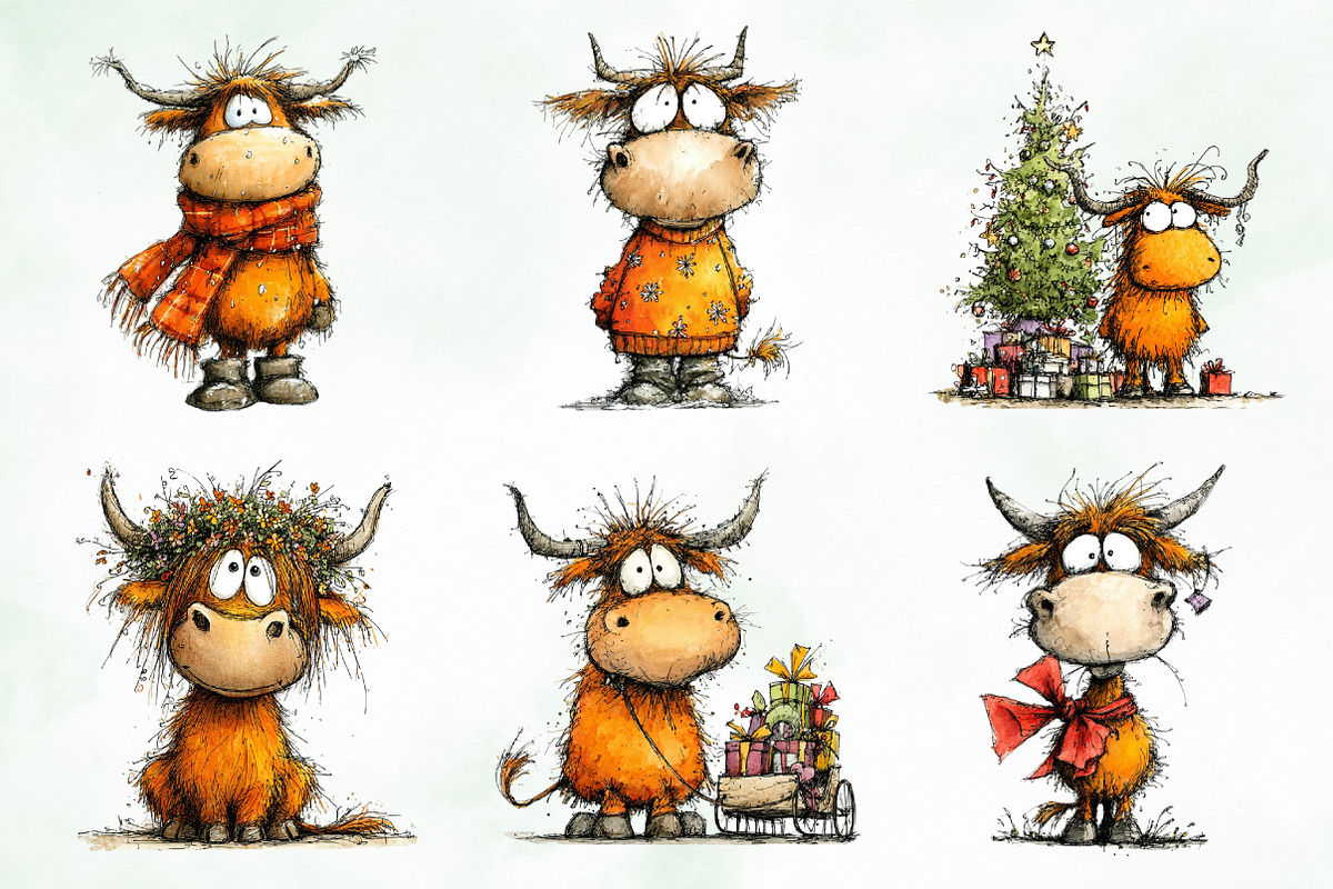 Grumpy Christmas Highland Cow Bundle, an Illustration by Creative Art (Photo 4 of 11)