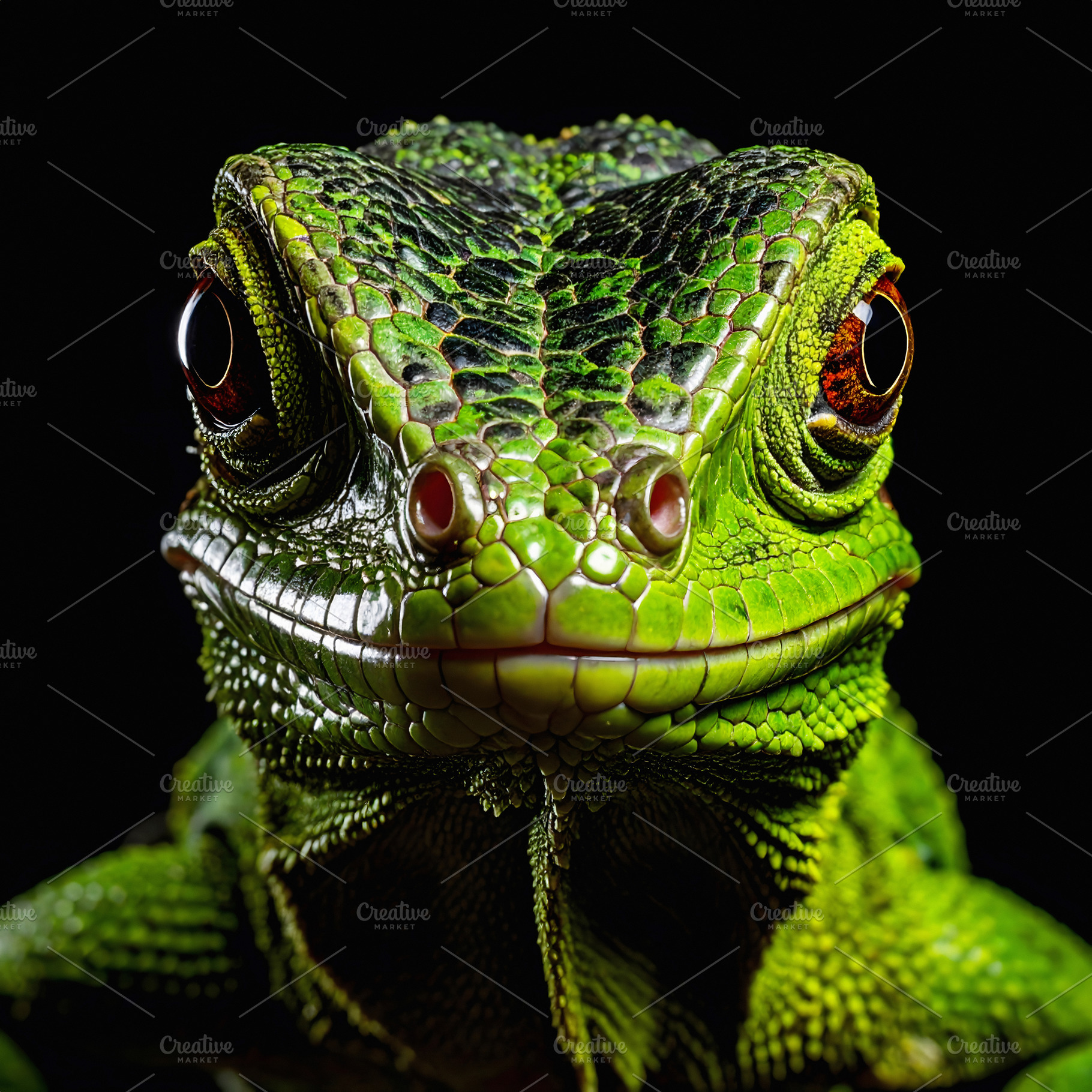 Expressive portrait of a green lizard with intense bright eyes, an Animal Photo by GoodGoods