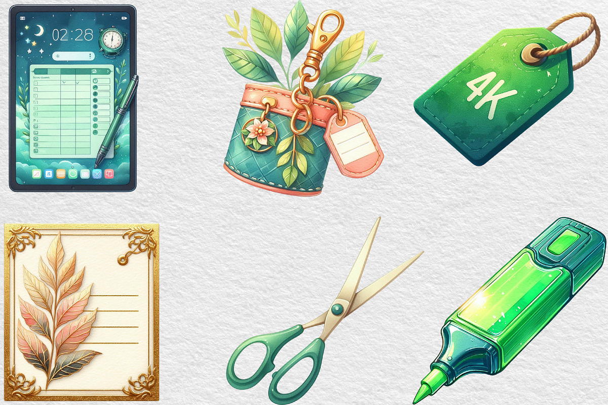 Watercolor Green Planner Clipart, an Illustration by Black Bird Studio (Photo 2 of 6)