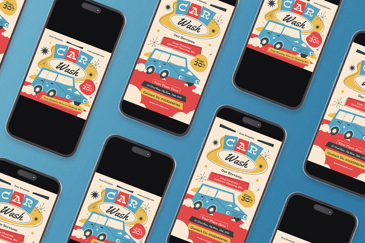 Red Mid Century Car Wash Flyer Set, a Flyer Template by Aiyari Graphic (Photo 2 of 3)