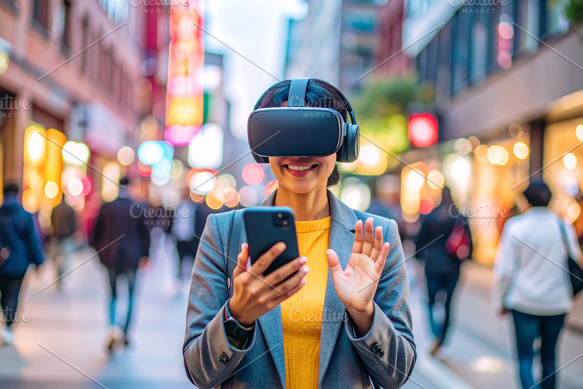 Woman at urban scene wearing AR glasses while holding a smartpho, a Photo by DanFLCreativo (Photo 1 of 2)