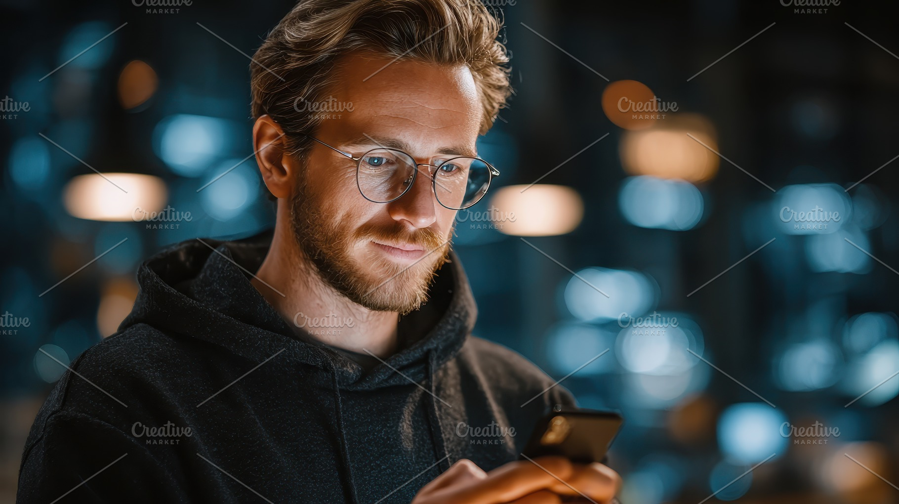 Man using smartphone at night city b, a Photo by Pixeness Studio