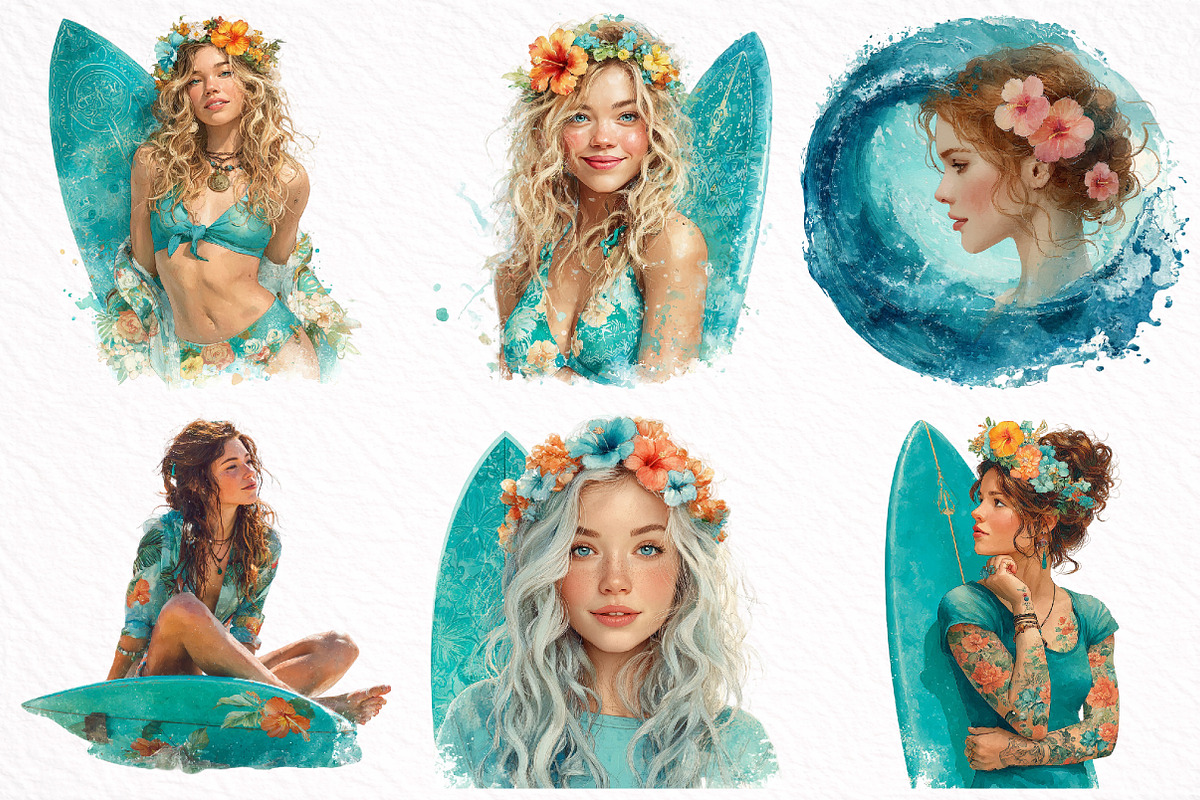 Aloha Surfing Girl Clipart, an Illustration by DreamArtGraphic (Photo 6 of 8)
