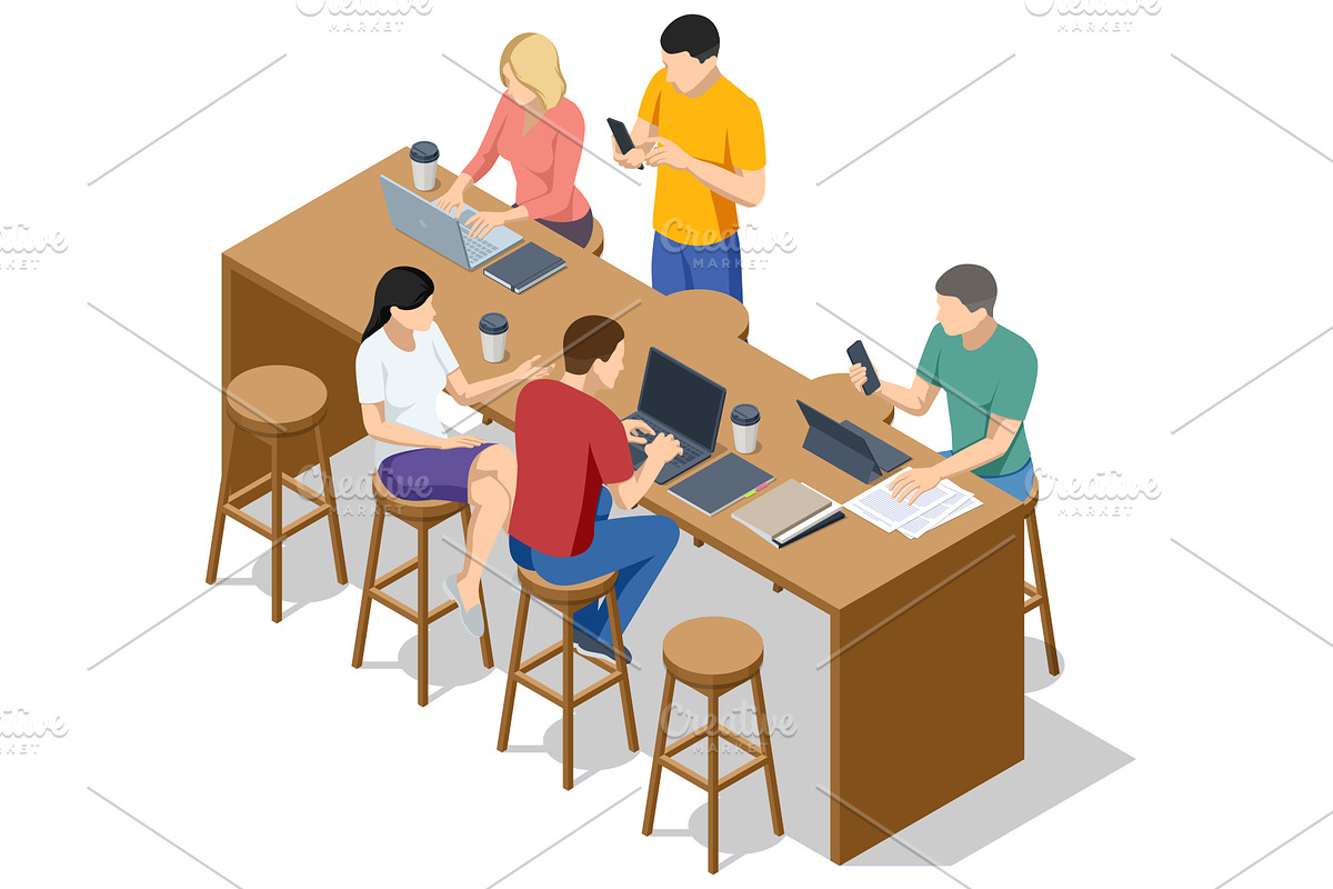 A busy isometric coworking area, a Finance Illustration by Golden Sikorka