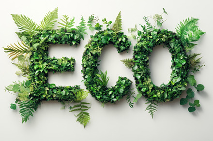 ECO Word Made of Green Plants and Moss on Neutral Background