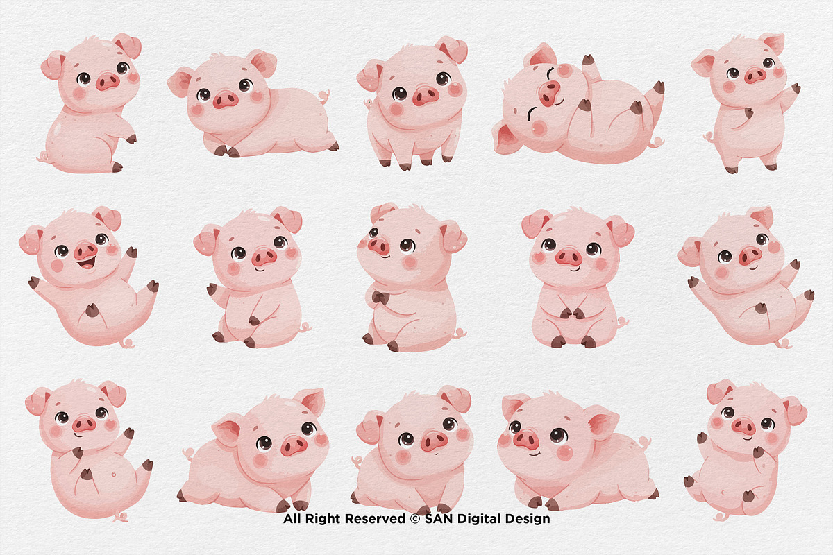 15 Bundle Watercolor Baby Pig Pink, an Animal Illustration by Morspective (Photo 8 of 8)