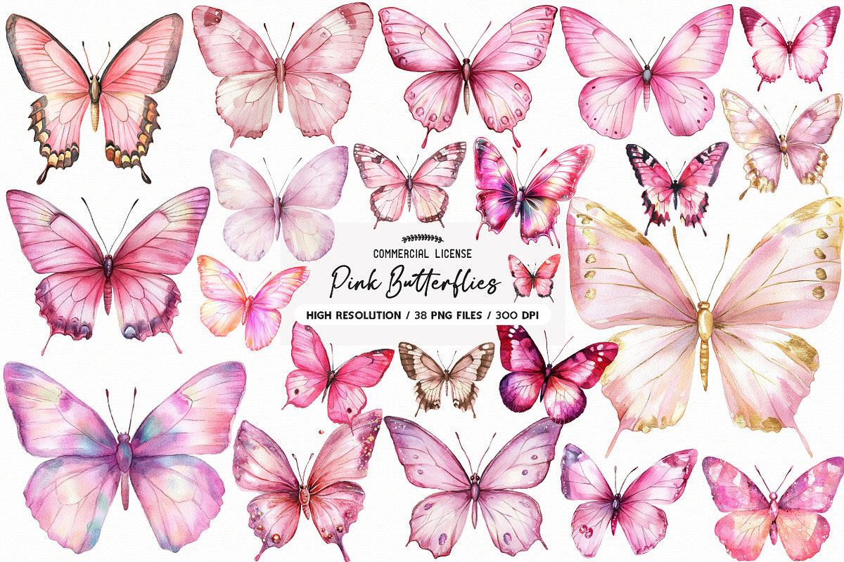 Pink Watercolor Butterflies Clipart, an Illustration by SinaCreation (Photo 1 of 5)