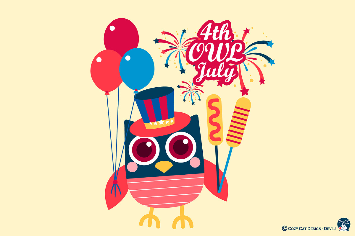 OWL July Digital Clip Art, a Seasonal Illustration by Cozy Cat Design (Photo 2 of 6)