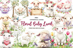 Watercolor Spring Floral Baby Lamb, an Illustration by CreationArt