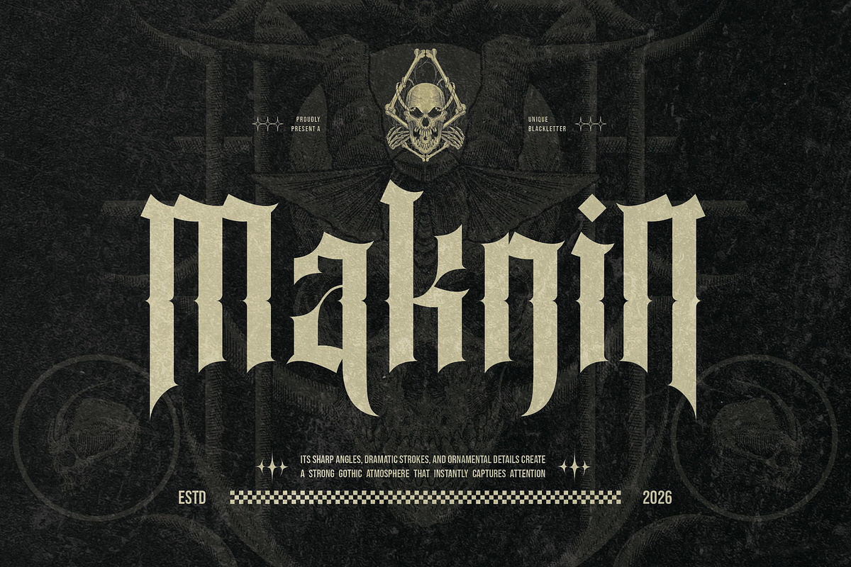 Maknin | Dark and Gothic Blackletter, a Blackletter Font by Ermedia Studio (Photo 1 of 10)