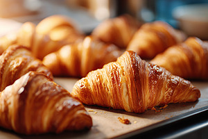 Freshly baked golden croissants stacked on a tray in a cozy bakery setting, a Food & Drink Photo by AlyaAnd
