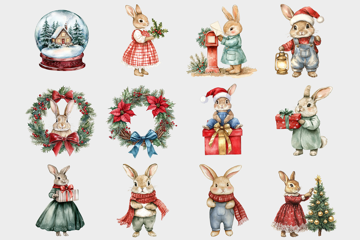 Watercolor Christmas Bunny Clipart, a Seasonal Illustration by Design Market (Photo 3 of 5)