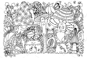 Doodle Cartoon Mushrooms, Forest