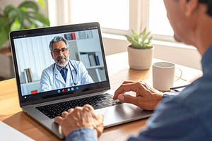 Person using a laptop with a doctor on a video call, a Photo by DanFLCreativo