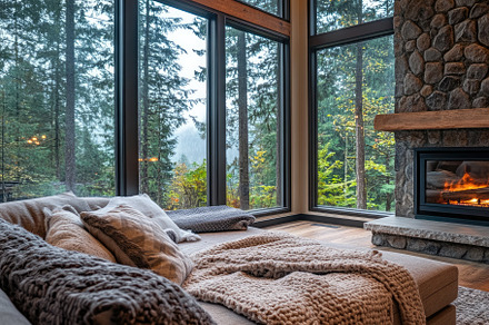 Cozy Living Room, Rainy Forest View, an Architecture Photo by Virgo Studio