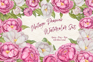 Vintage peonies watercolor set
