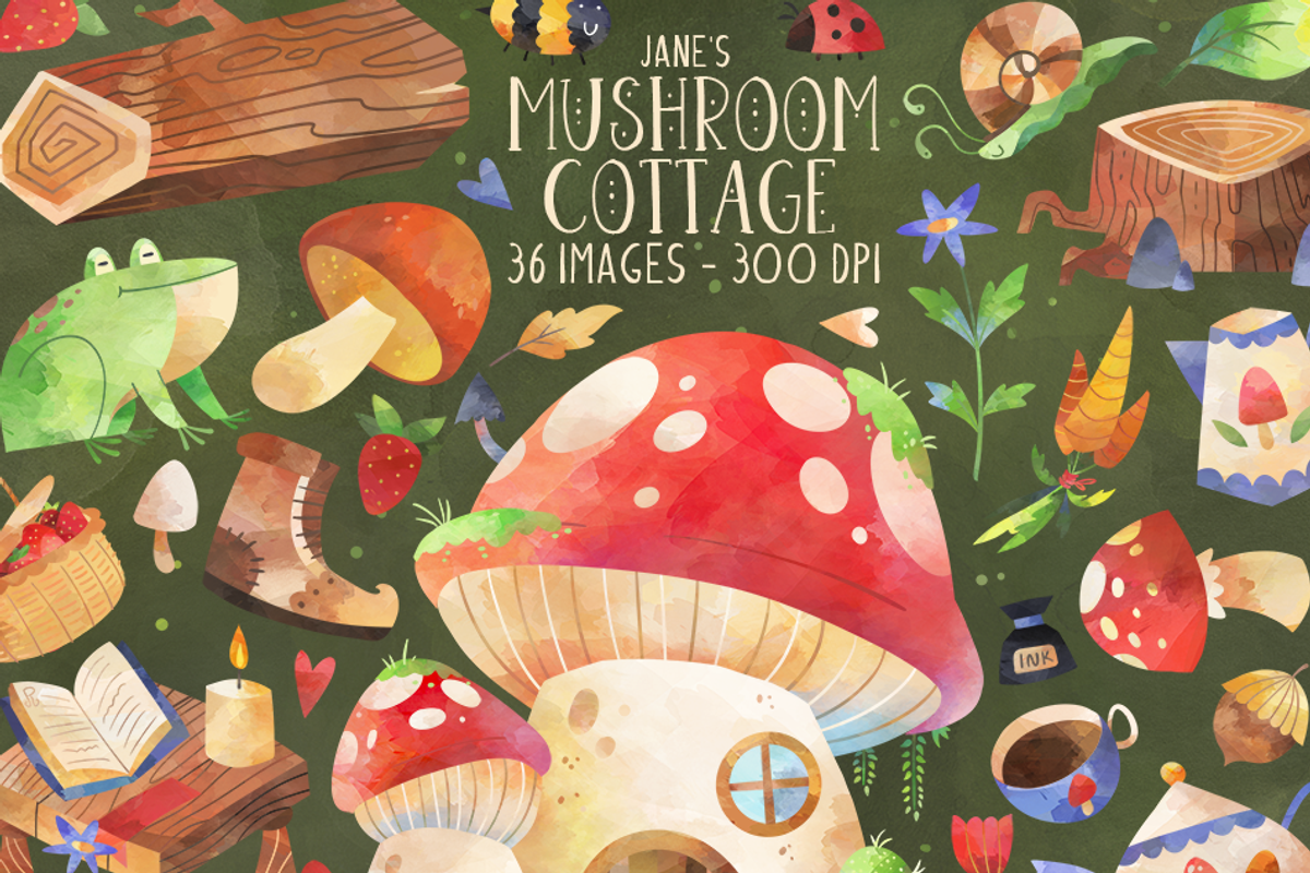 Watercolor Mushroom Cottage Clipart, an Animal Illustration by DigitalArtsi (Photo 1 of 4)