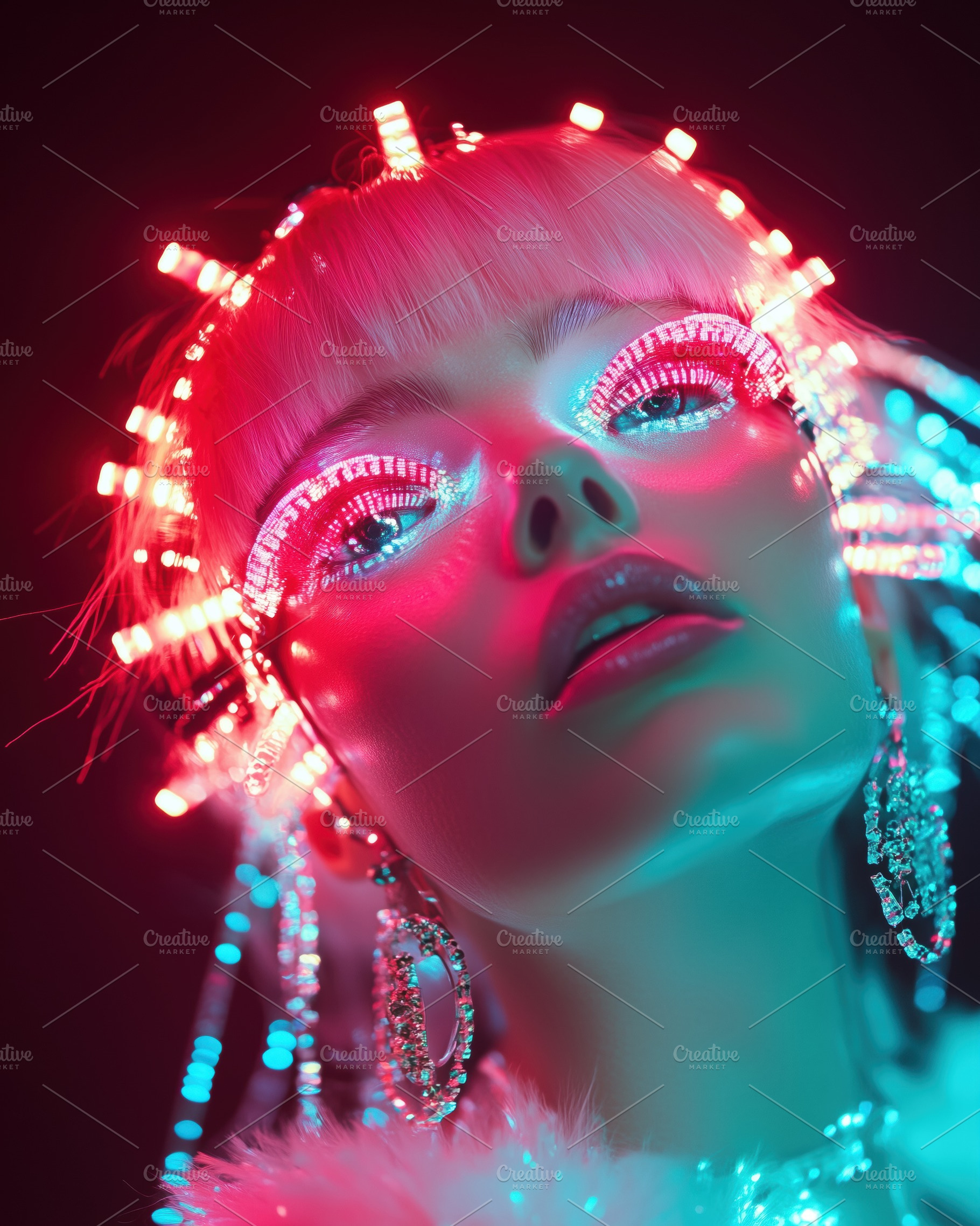 A striking portrait of a model with vibrant LED accessories, featuring colorful, a Person Photo by Textures & Backgrounds