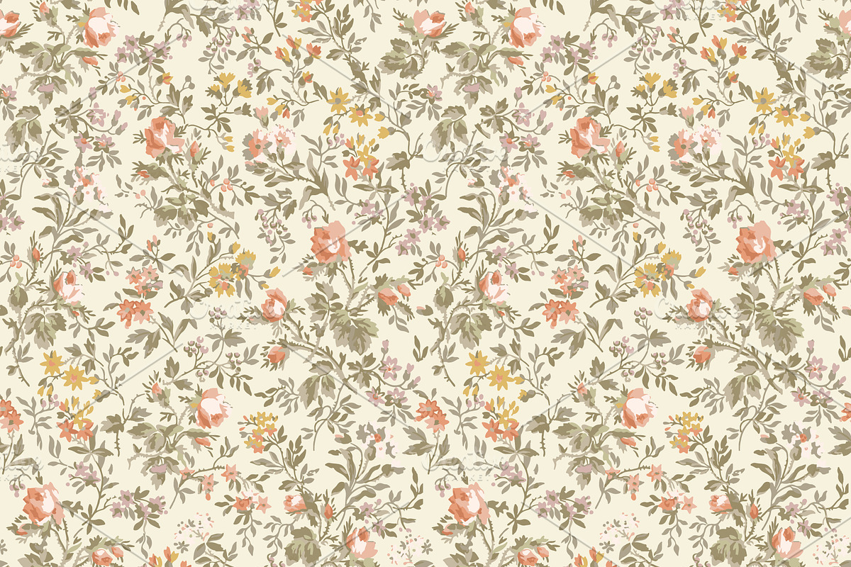 Vintage Floral Coral Mustard Cream, a Pattern Graphic by Mieken Petra Designs (Photo 4 of 4)