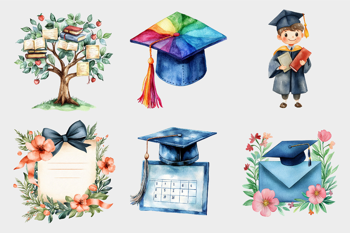 Watercolor Graduation Clipart, a Seasonal Illustration by Design Market (Photo 5 of 5)