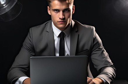 Young business man using laptop on o, a Photo by SaroStock