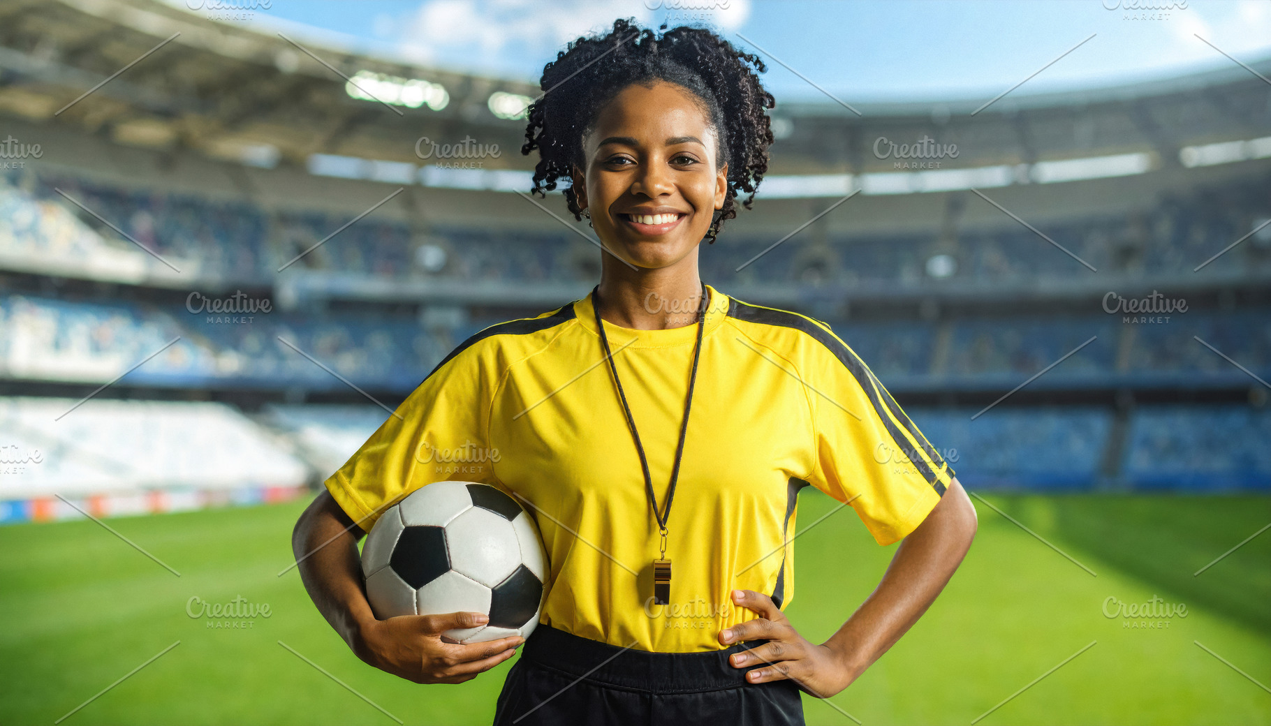 Smiling female referee with soccer ball on field, a Sports & Recreation Photo by Davizro's Market