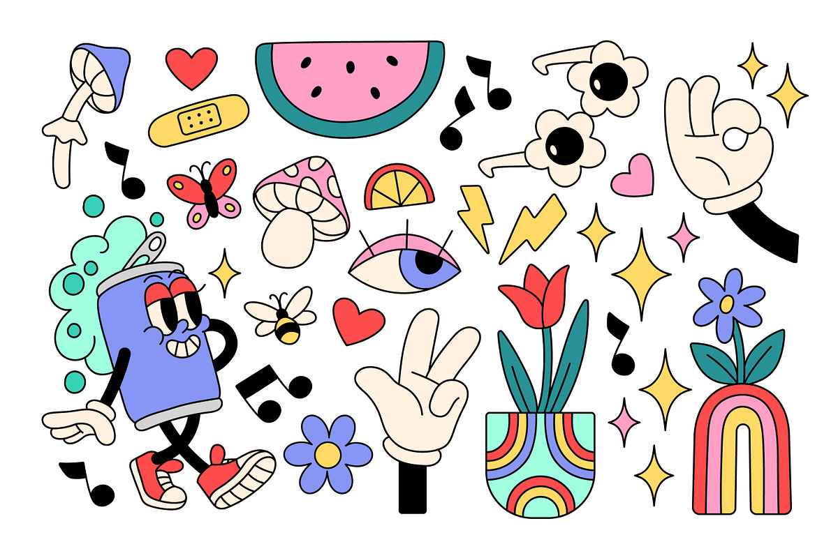 Retro stickers in groovy style set, a Decorative Illustration by PaperTrident (Photo 4 of 8)