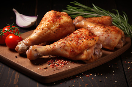 Grilled chicken legs with rosemary on brown wooden background, a Food & Drink Photo by AlyaAnd