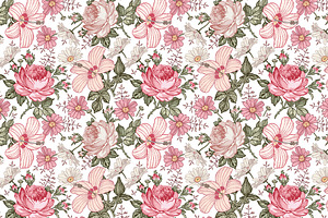 Set Seamless Flowers Rose Hibiscus