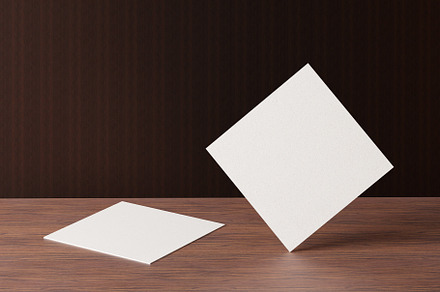 White square shape paper business card mockup on wooden brown ta, a Business Photo by Ministocker