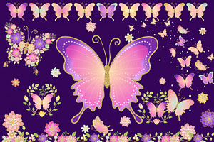 Butterflies And Flowers Gold Glitter