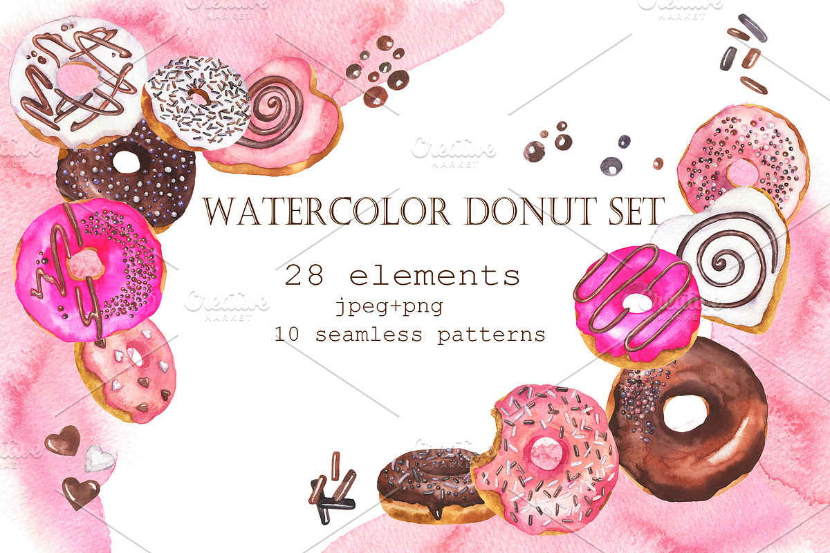 Watercolor donut set, a Food Illustration by Watercolor & sketches (Photo 1 of 7)